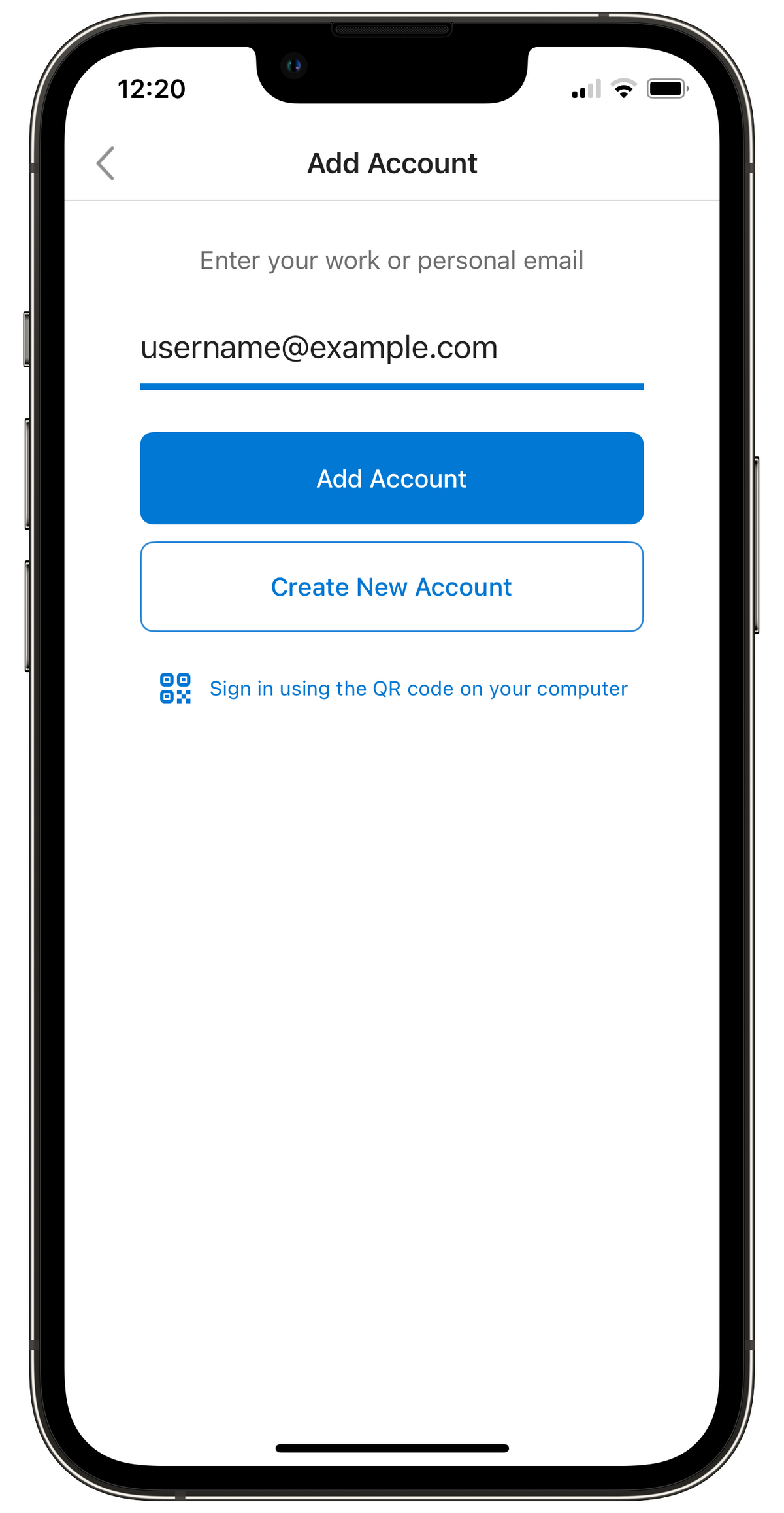 Phone with Add Account screen